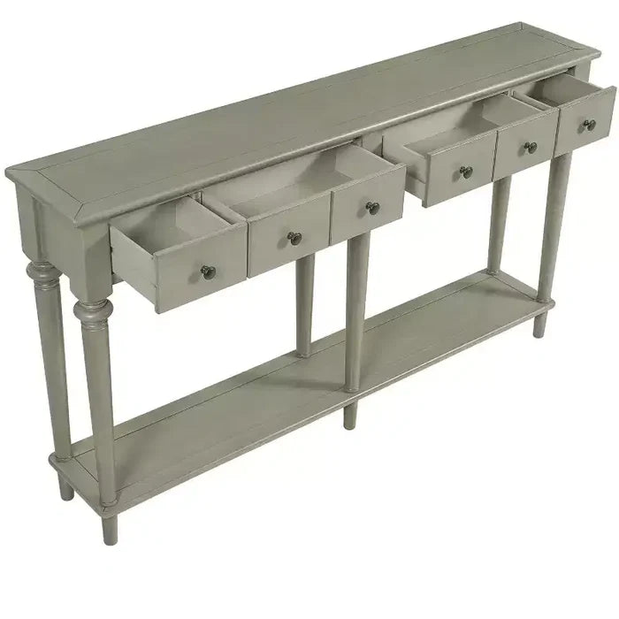 Luxystar Retro Console Table with 4 Drawers, Open Shelf for Entryway and Living Room, Grey Wash