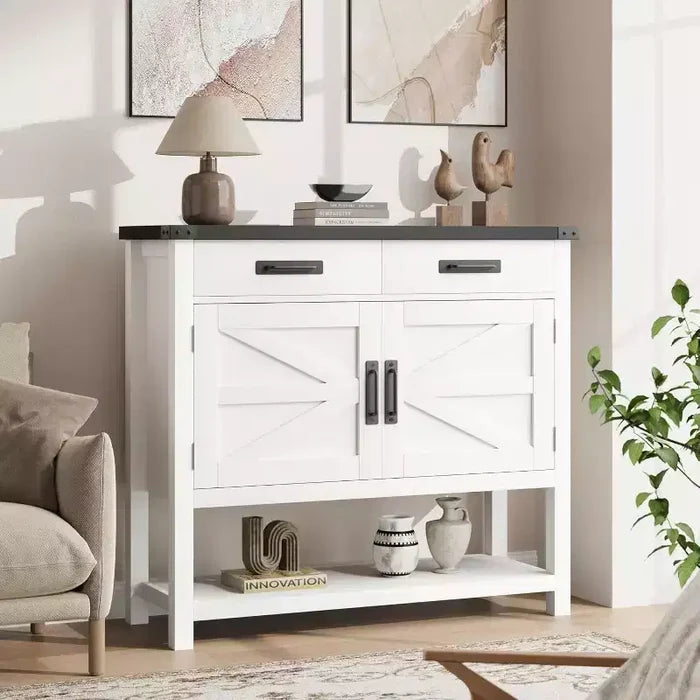 Farmhouse Style Console Table with Storage, 2-Door Cabinet & 2 Drawers, Multi-Functional Buffet Table for Entryway, Kitchen, Living Room