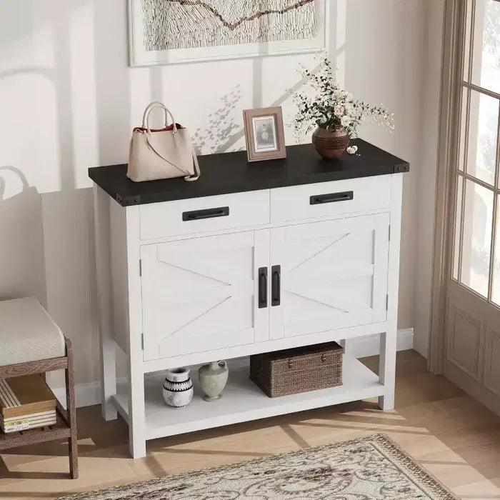 Farmhouse Style Console Table with Storage, 2-Door Cabinet & 2 Drawers, Multi-Functional Buffet Table for Entryway, Kitchen, Living Room