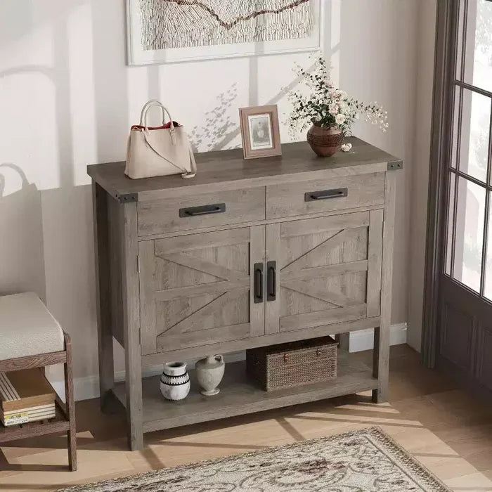 Farmhouse Style Console Table with Storage, 2-Door Cabinet & 2 Drawers, Multi-Functional Buffet Table for Entryway, Kitchen, Living Room