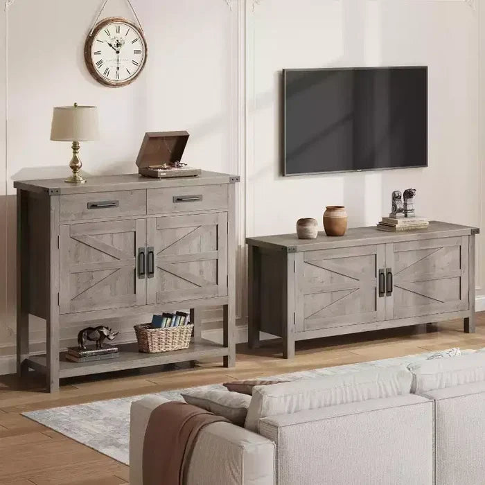 Farmhouse Style Console Table with Storage, 2-Door Cabinet & 2 Drawers, Multi-Functional Buffet Table for Entryway, Kitchen, Living Room