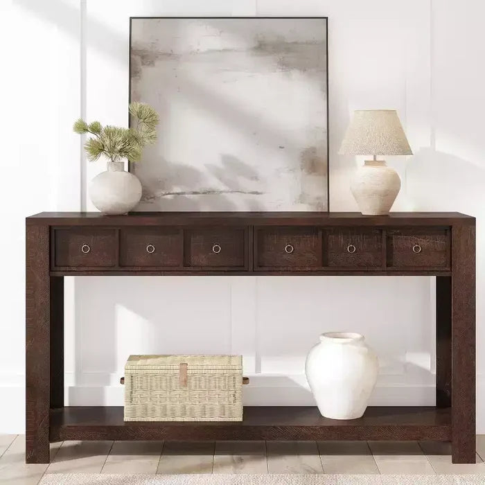 54 Rustic Farmhouse Console Table for Entryway, Long Wooden Sofa Table with 2 Storage Drawers & Open Display Shelf for Hallway & Living Room