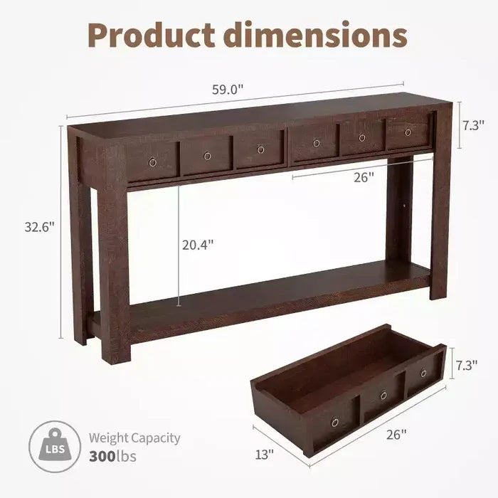 54 Rustic Farmhouse Console Table for Entryway, Long Wooden Sofa Table with 2 Storage Drawers & Open Display Shelf for Hallway & Living Room