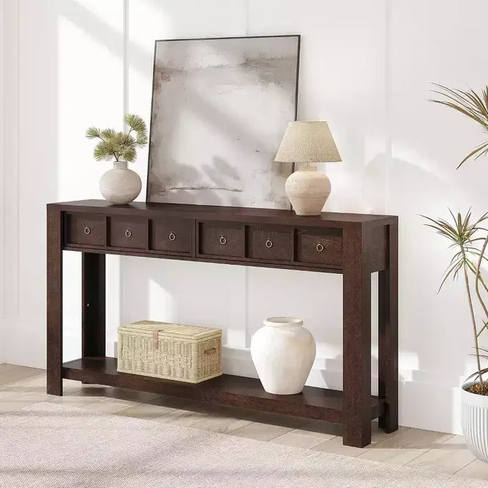 54 Rustic Farmhouse Console Table for Entryway, Long Wooden Sofa Table with 2 Storage Drawers & Open Display Shelf for Hallway & Living Room