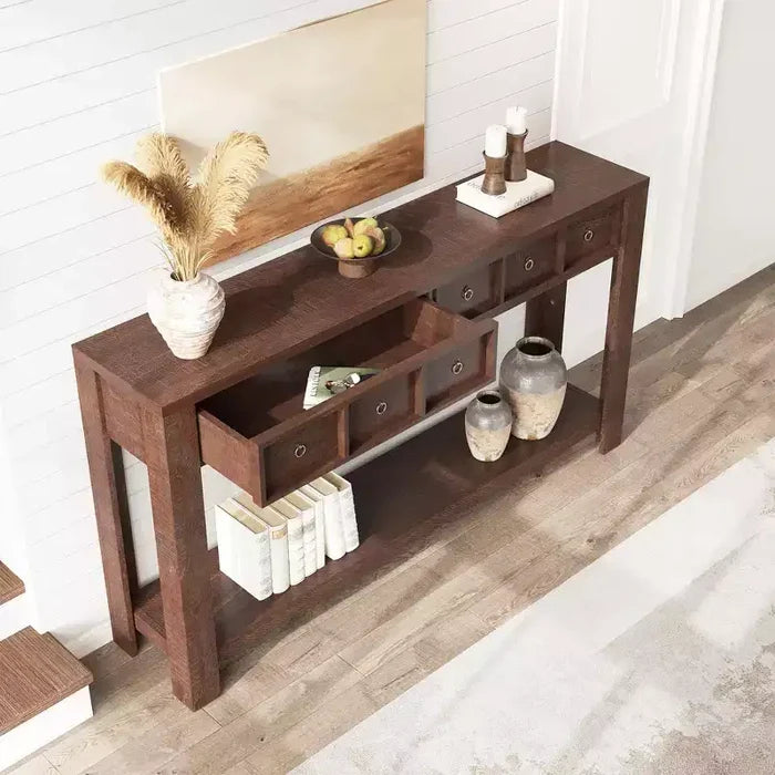 54 Rustic Farmhouse Console Table for Entryway, Long Wooden Sofa Table with 2 Storage Drawers & Open Display Shelf for Hallway & Living Room
