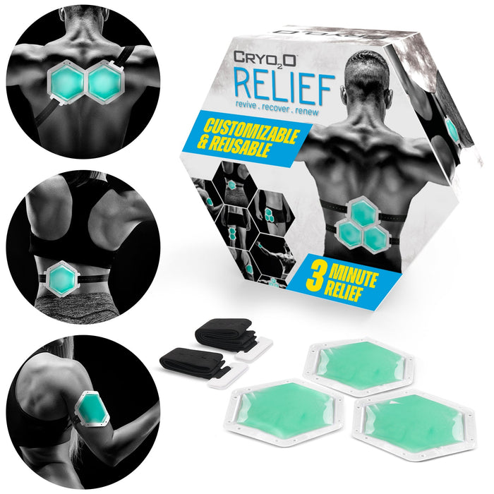 Cryo2o Pain Relief System with three reusable supercooling gel packs designed for back, neck, and elbow pain relief