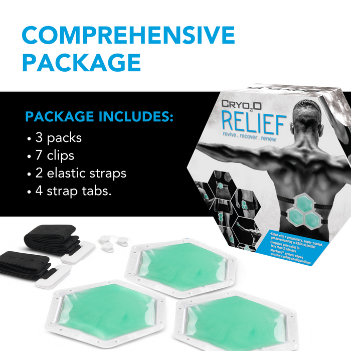 Cryo2o Pain Relief System package with three cooling gel packs, elastic straps, clips, and strap tabs on white background