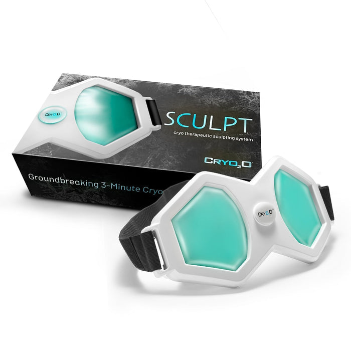 Cryo2o Sculpt Therapeutic Sculpting System with teal cooling panels and adjustable black strap next to product box