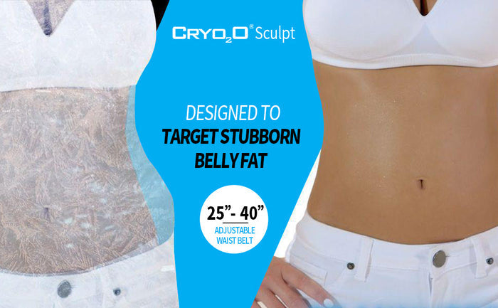 Cryo2o Sculpt fat-freezing adjustable waist belt shown on woman targeting stubborn belly fat, white clothing background