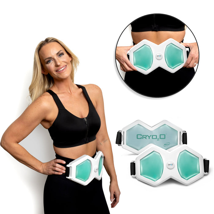 Woman wearing Cryo2o Sculpt Therapeutic Sculpting System fat-freezing belt with close-up views on white background