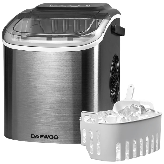 Daewoo ice maker with a basket of ice on a white background
