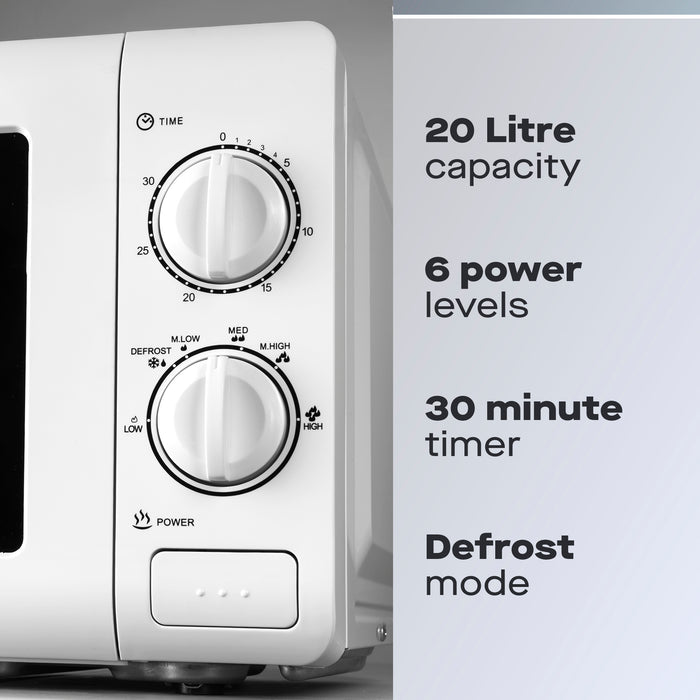 Daewoo 20L White Manual 800W Microwave with Stainless Steel Cavity
