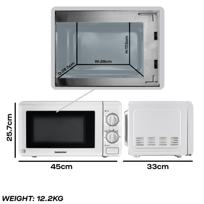 Daewoo 20L White Manual 800W Microwave with Stainless Steel Cavity