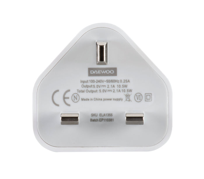 Daewoo 2.1A Dual USB-A White Wall Charger Plug Socket Adaptor