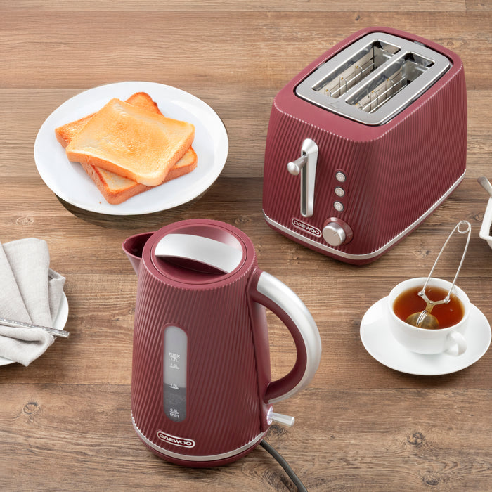 Daewoo Ruby Red Cascade Jug Kettle & 2-Slice Toaster Set