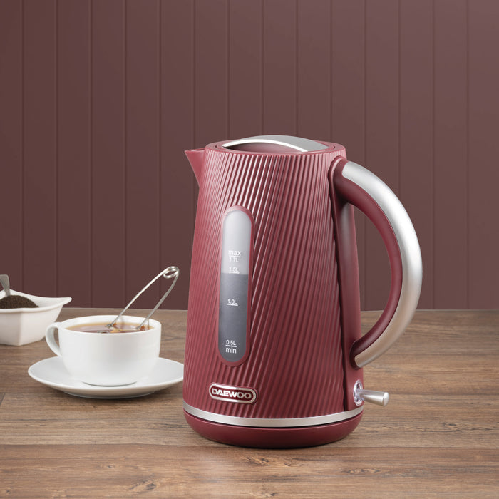 Daewoo Ruby Red Cascade Jug Kettle & 2-Slice Toaster Set