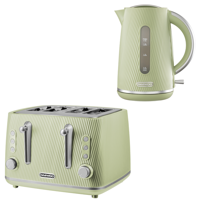 Daewoo Sage Green Cascade Jug Kettle & 4-Slice Toaster Set