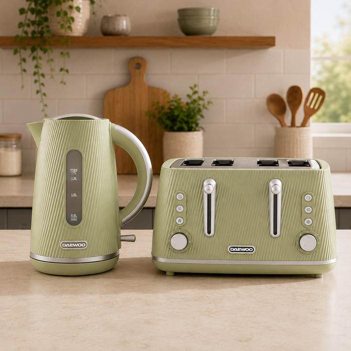 Daewoo Sage Green Cascade Jug Kettle & 4-Slice Toaster Set