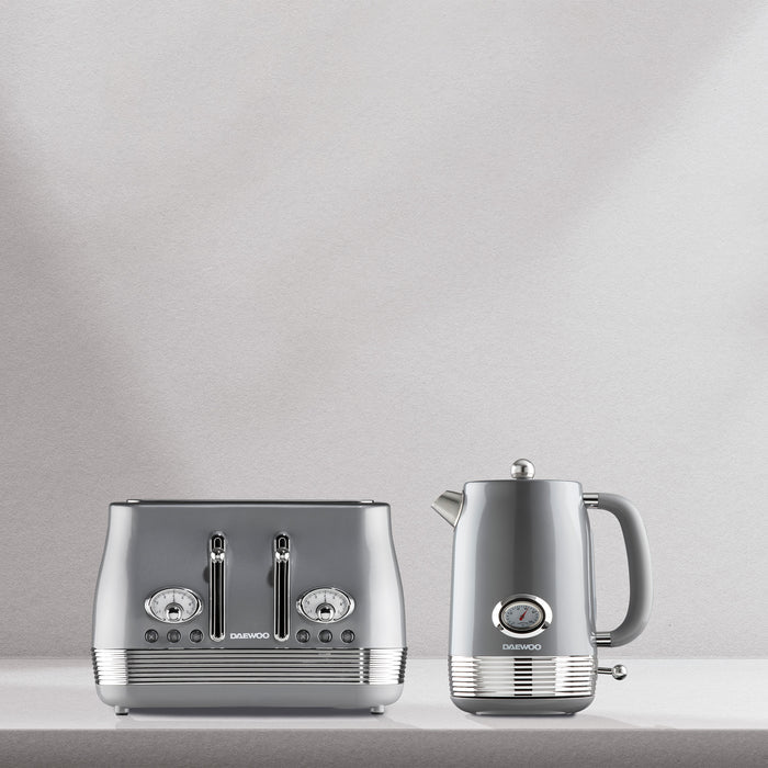 Daewoo Smoked Grey Denver Jug Kettle & 4 Slice Toaster Set