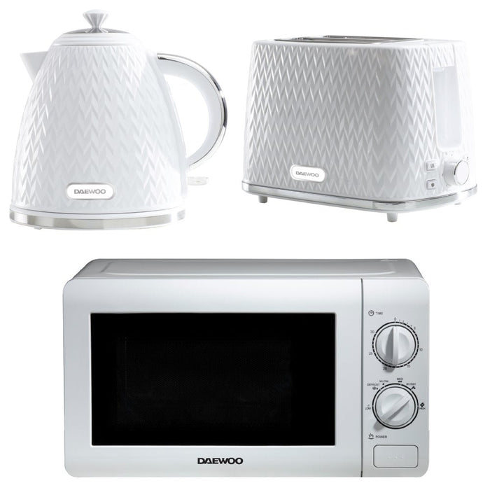 Daewoo White Argyle Kettle, 2 Slice Toaster & Microwave Set