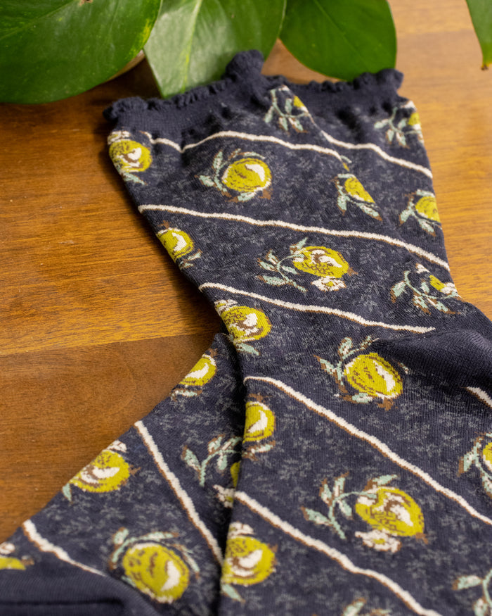 Debby Co., Crew Socks, Maison Blanche Collection, Navy with Yuzu Pattern