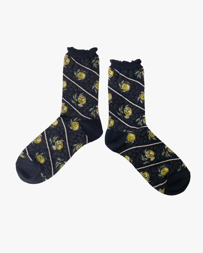 Debby Co., Crew Socks, Maison Blanche Collection, Navy with Yuzu Pattern