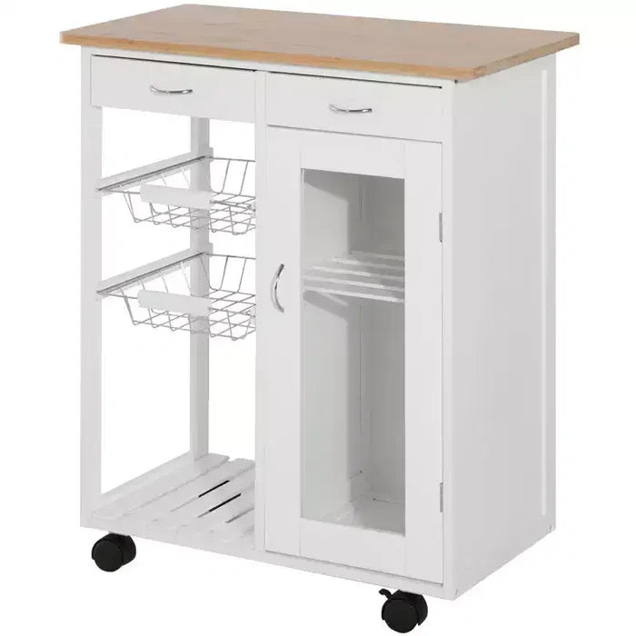 HOMCOM 28 Rolling Kitchen Trolley Serving Cart Storage Cabinet Bamboo Top with Wire Basket & Door Cabinet & Drawers, White