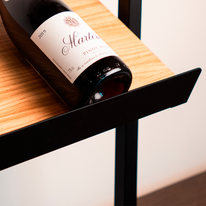 black iron shelf edge for a classic oak shelf to display bottles of wine