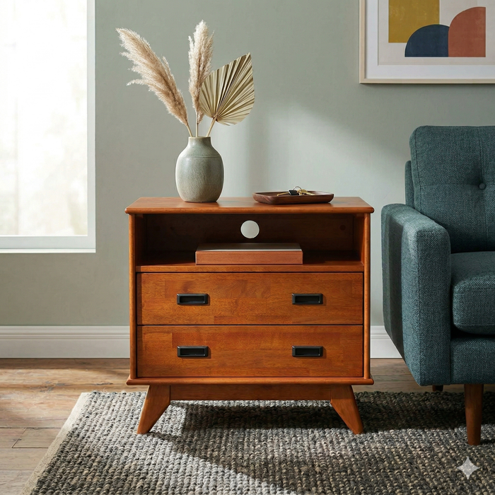 Teak Brown | Draper 28 inch Bedside Table with 2 Drawers and Top Shelf