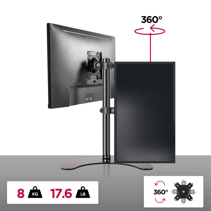 Duronic DM15D1 Monitor Stand with 360-degree rotation supporting up to 8kg or 17.6lbs per arm.