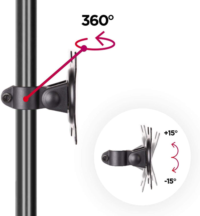 Duronic DM15D1 Monitor Stand showing 360-degree rotation and 15-degree tilt adjustment features.