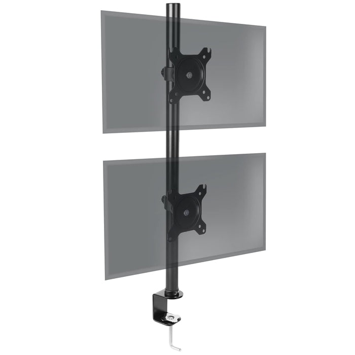 Duronic Dual Monitor Stand with C-clamp base, adjustable VESA brackets, and sleek black finish.