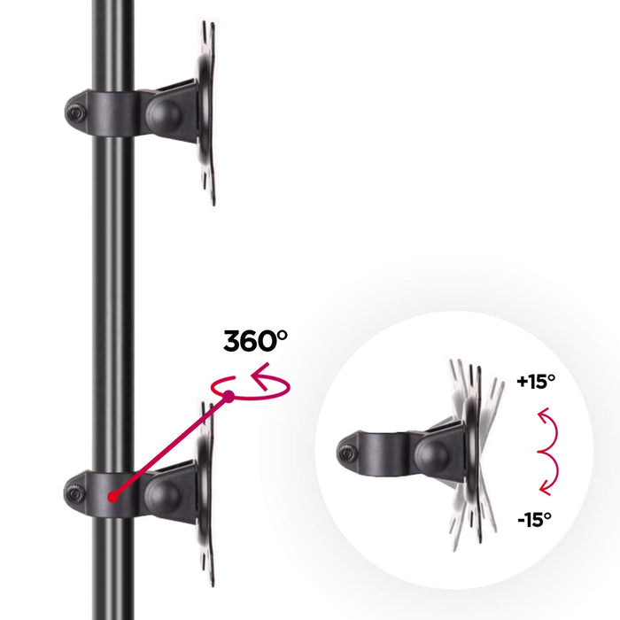 Duronic Dual Monitor Stand with 360-degree rotation and 15-degree tilt functionality for ergonomic screen positioning.