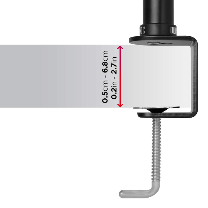 Duronic Dual Monitor Stand showing an adjustable desk thickness range of 0.5cm to 6.8cm.