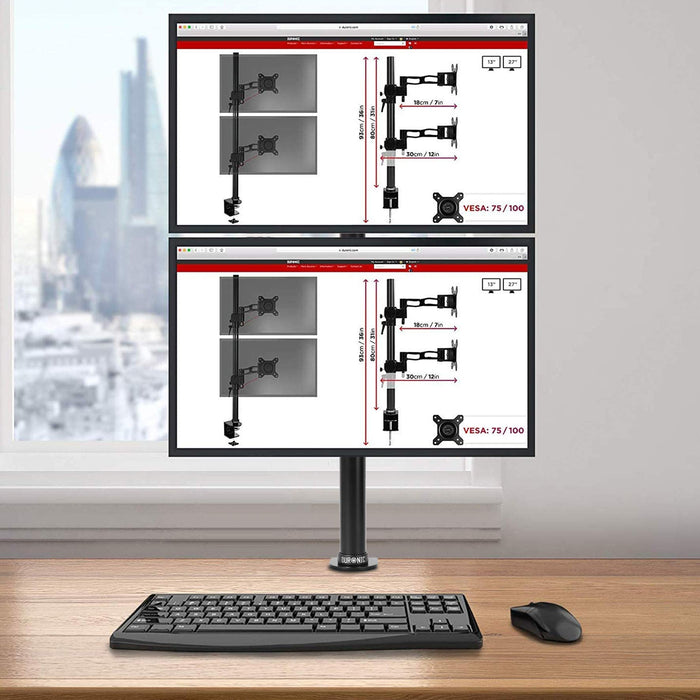 Duronic Dual Monitor Stand with two stacked screens, C-clamp desk mount, and black ergonomic design.