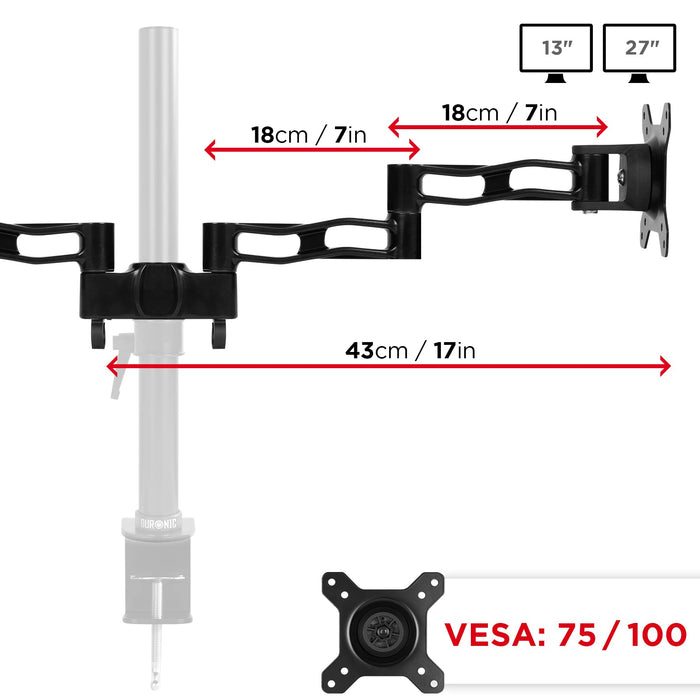 Duronic Dual Spare Arm Set showing 43cm reach, 18cm arm segments, and VESA 75/100 compatibility.