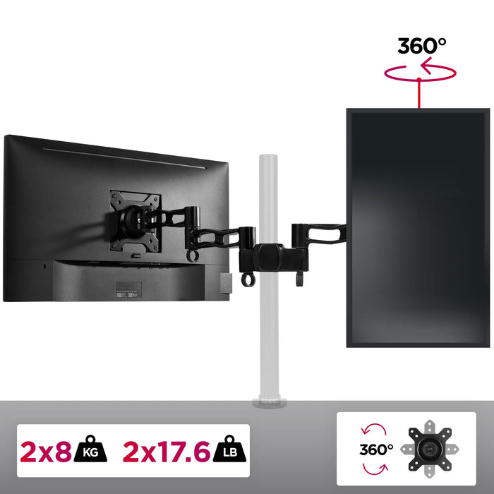 Duronic Dual Spare Arm Set holding two screens, 8kg capacity per arm, with 360-degree rotation feature.