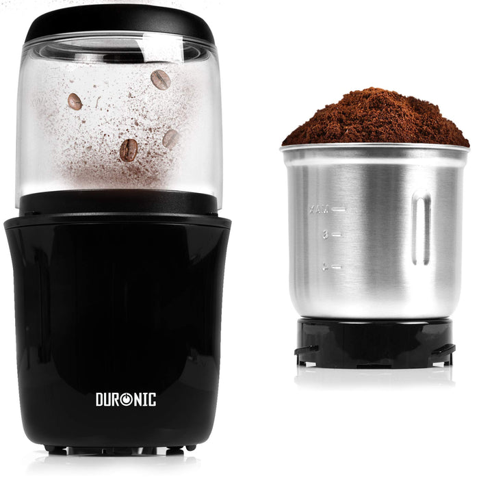 Duronic Electric Coffee Grinder with black base and a stainless steel cup filled with coffee