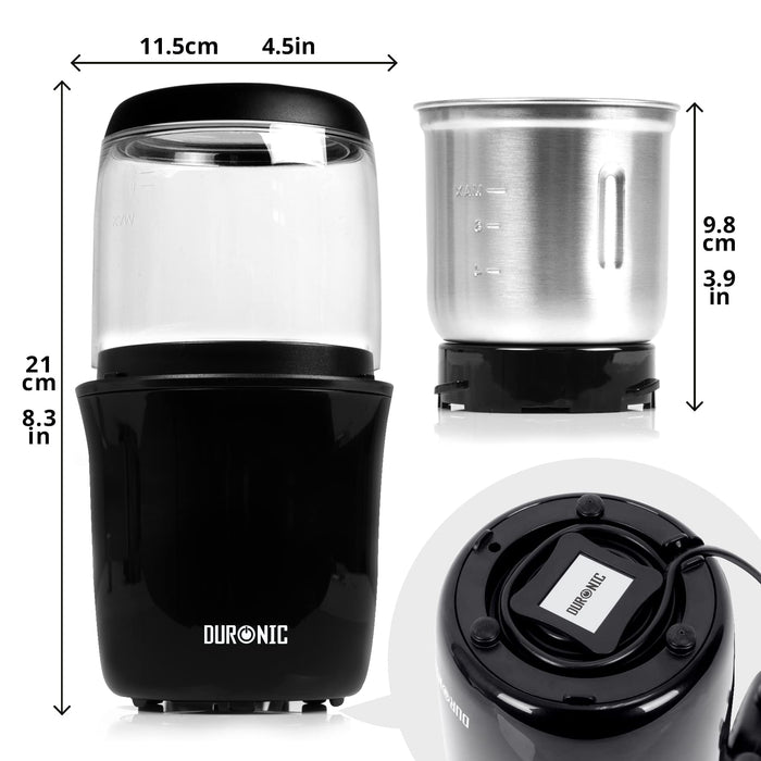 Duronic Electric Coffee Grinder showing dimensions, removable stainless steel bowl, and cord storage underneath.