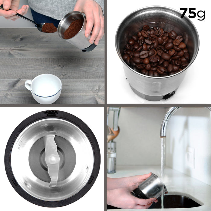 Duronic Electric Coffee Grinder showing a stainless steel coffee grinder bowl being filled, used, and washed.