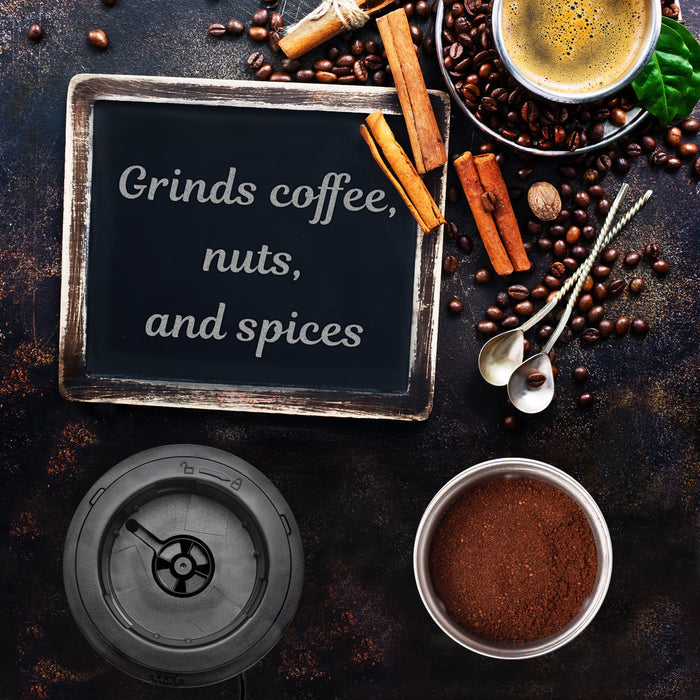 Duronic Electric Coffee Grinder with ground coffee, beans, cinnamon sticks, and chalkboard text.