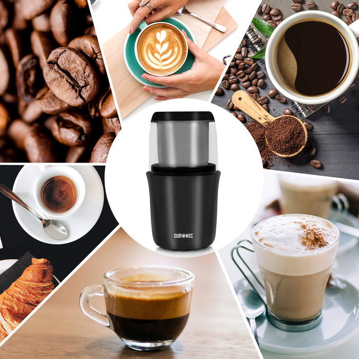 Duronic Electric Coffee Grinder surrounded by images of coffee beans, espresso, latte, and croissants.