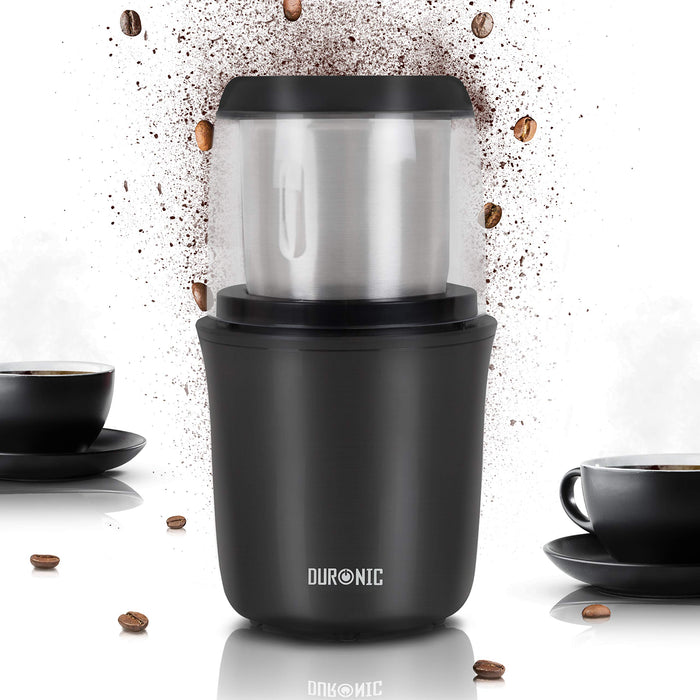 Duronic Electric Coffee Grinder with a sleek black base and a stainless steel blending cup.