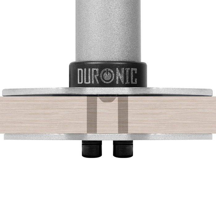 Duronic Grommet mount monitor arm base securely attached through a wooden desk with dual bolts.