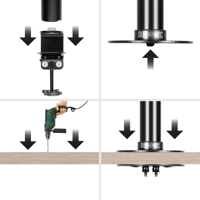 Duronic Grommet showing desk clamp assembly and grommet hole drilling setup options.