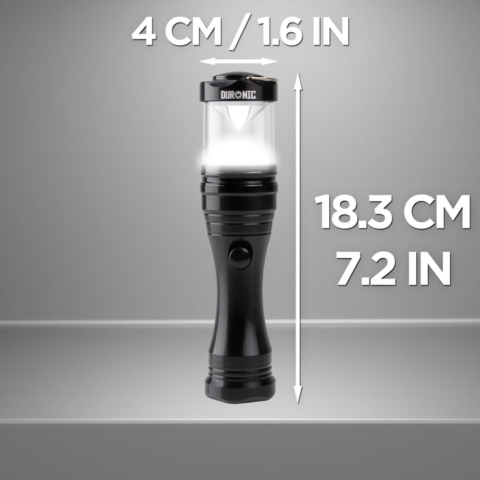Duronic LED Torch measuring 18.3 cm (7.2 in) in height and 4 cm (1.6 in) in width.