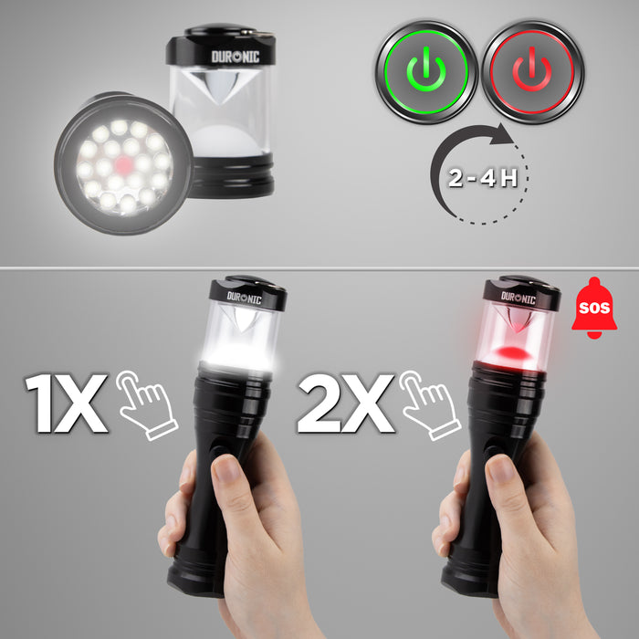 Duronic LED Torch showing its charging indicator, 2 to 4-hour battery life, and dual light modes including a white lantern and a red SOS signal activated by two clicks.