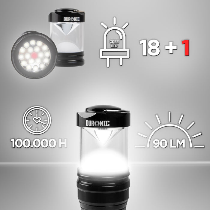 Duronic LED Torch showing its 90-lumen brightness, 100,000-hour lifespan, and 18+1 CREE LED configuration.