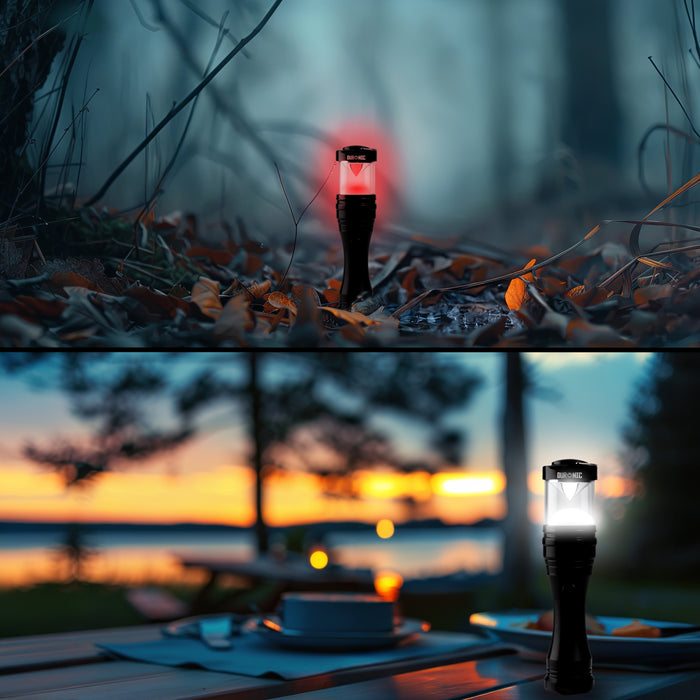 Duronic LED Torch glowing with a red light in a forest setting and a bright white light on an outdoor picnic table at sunset.