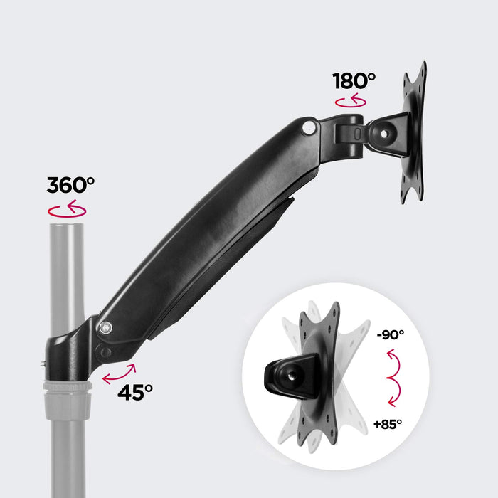 Duronic Monitor Stand Spare Arm showing 360-degree swivel, 180-degree rotation, and 85-degree tilt features.